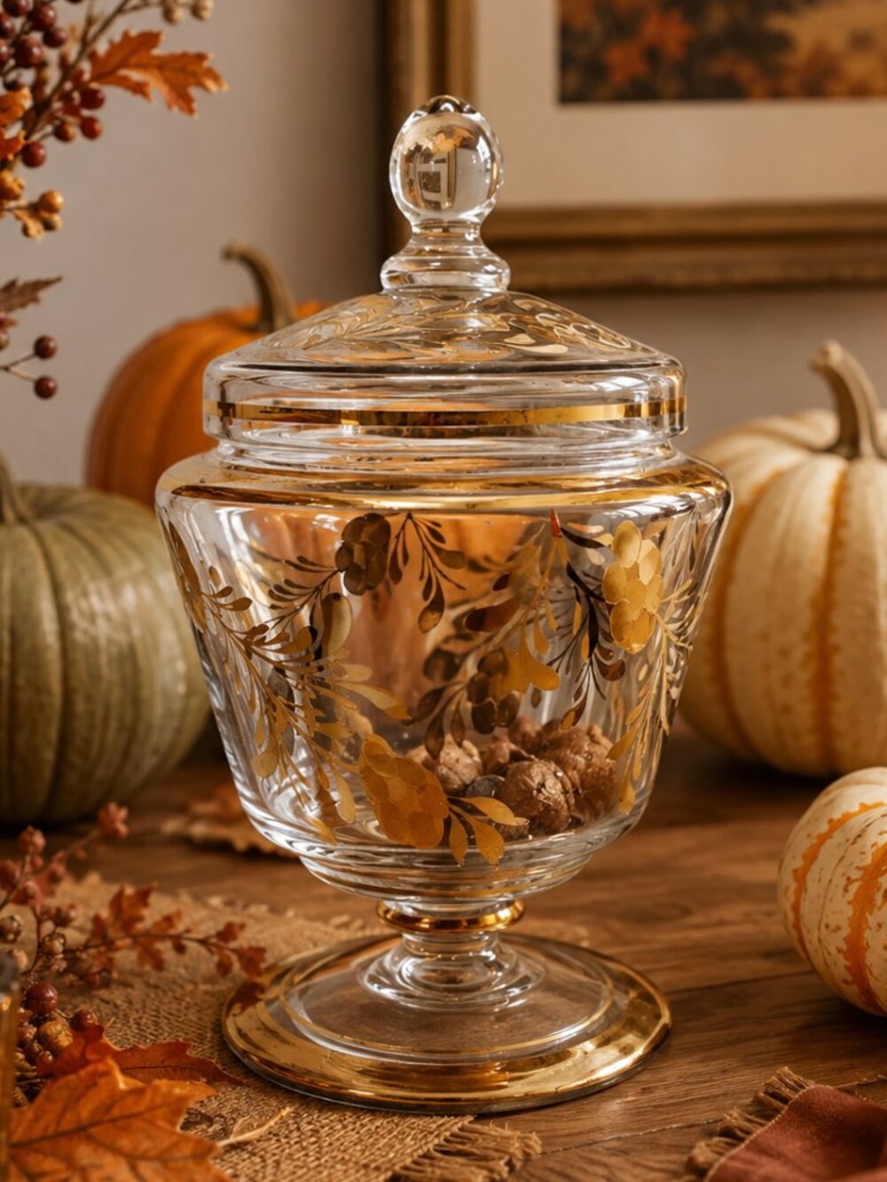 🏺🍂💛Gold Leaf Etched Glass Dish Vase Jar Lid Gilded Botanical Tuscany MCM